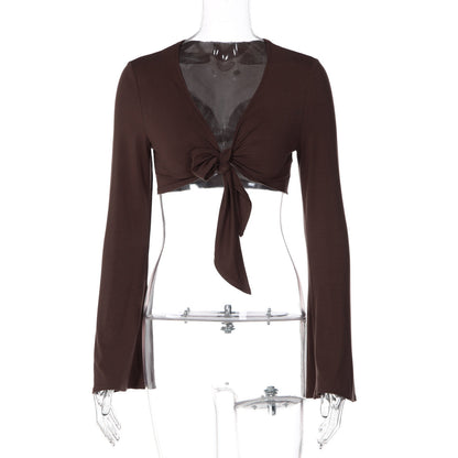 Top Sexy Cropped Chest Strap Design Long Sleeve Wrapped Chest Sexy T shirt Women Clothing