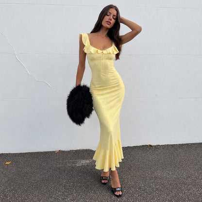 Summer Vacation Ruffled Tied Floral Dress Sexy Slit Slim Fit Fishtail Dress Women