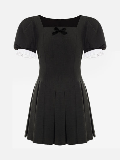 French Summer Elegant Retro College Square Collar Puff Sleeve Black Dress Girl Dress