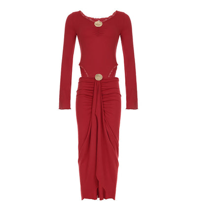 Graceful Women Metal Decorative Long Sleeved Jumpsuit Split Skirt Long Skirt Hollow Out Cutout out Cropped Two Piece Set