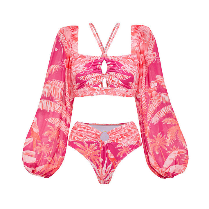 Oblique Shoulder Long Sleeve Halter Swimsuit Women High Waist Thin Bikini
