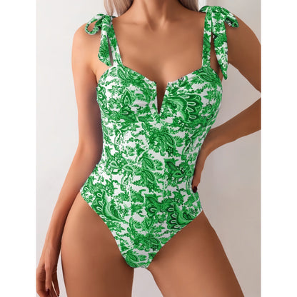 Bikini Siamese Conservative Swimsuit Digital Printed Belly Covered Slimming V Neckline Swimsuit
