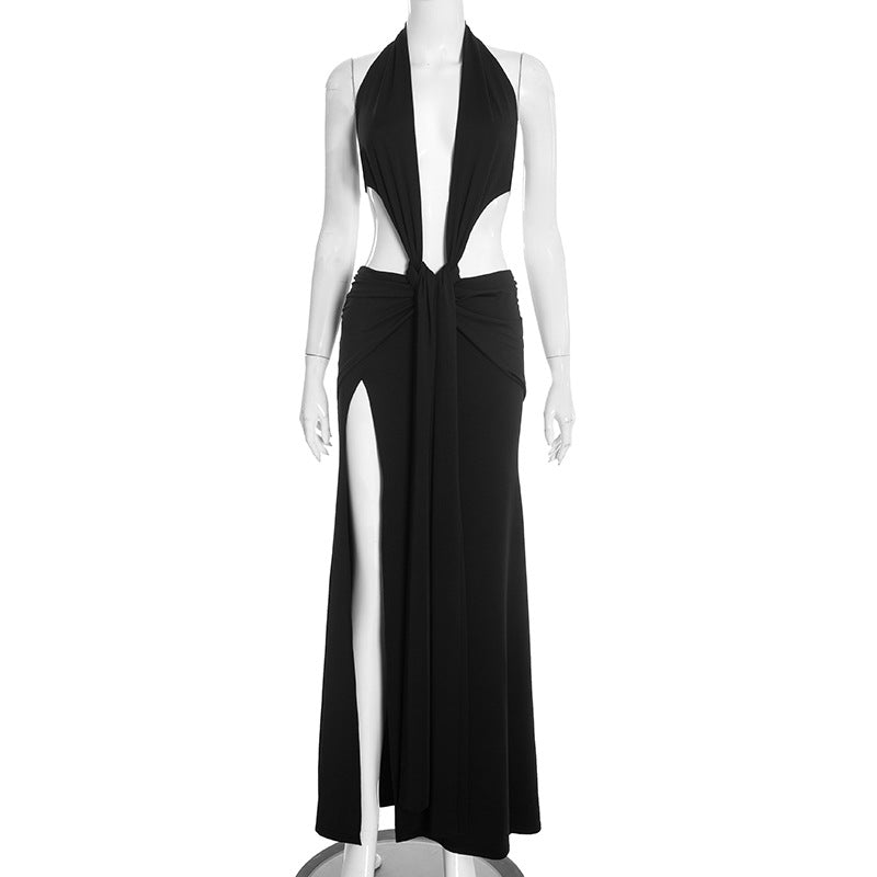 Women Clothing Spring Solid Color Halter Sleeveless Sexy Backless Deep V Plunge Ribbon Maxi Dress