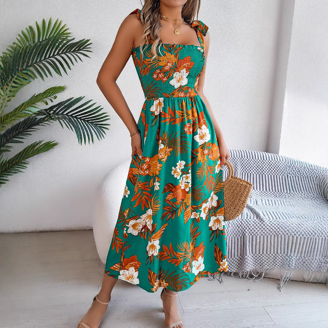 Spring Summer Printing Lace up Waist Dress Vacation Beach Dress Women Clothing