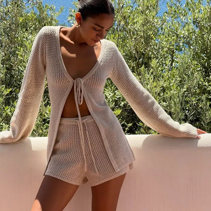 Beach Long Sleeved Cardigan Shorts Hollow Out Cutout out Strap Casual Knitted Vacation Sun Protection Blouse Two Piece Set