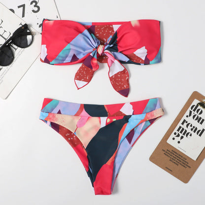 Print Tie Dye Sexy Tube Top Bikini Swimsuit Women Slim Fit Two Piece Suit Split