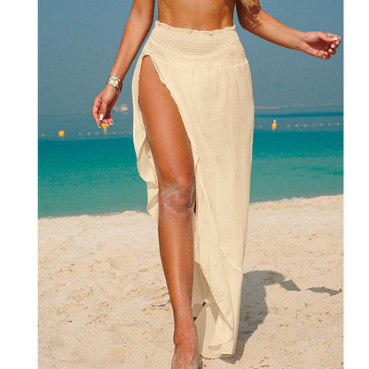 Arrival Beach Skirt Solid Color Simple Waist Fitted Irregular Asymmetric Wooden Ear Sexy Side Split Skirt Blouse