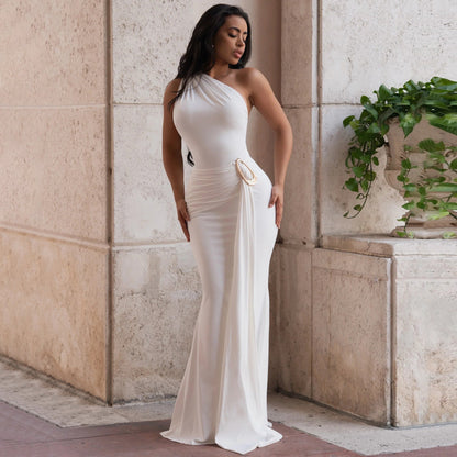 Women Metal Decoration Sexy Backless Dress One Shoulder Slim Dress
