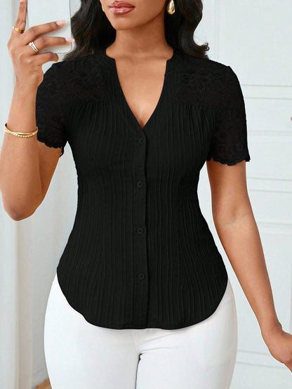 All Match Single Breasted Solid Color Slim Fit Embroidery Hollow Out Cutout Short Sleeve Top