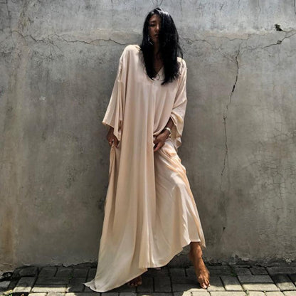 Rayon Loose Robe Beach Cover Up Sexy V Neck Headband Belt Sun Protection Dress Women
