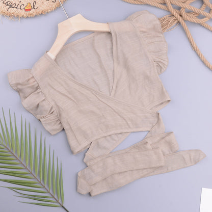 Sexy Vacation Beach Cross Cardigan Modern Avant Garde Solid Color Slubbed Fabric Women Tops