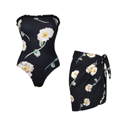 Swimsuit Wooden Ear Tube Top Floral One Piece Swimsuit Set Women