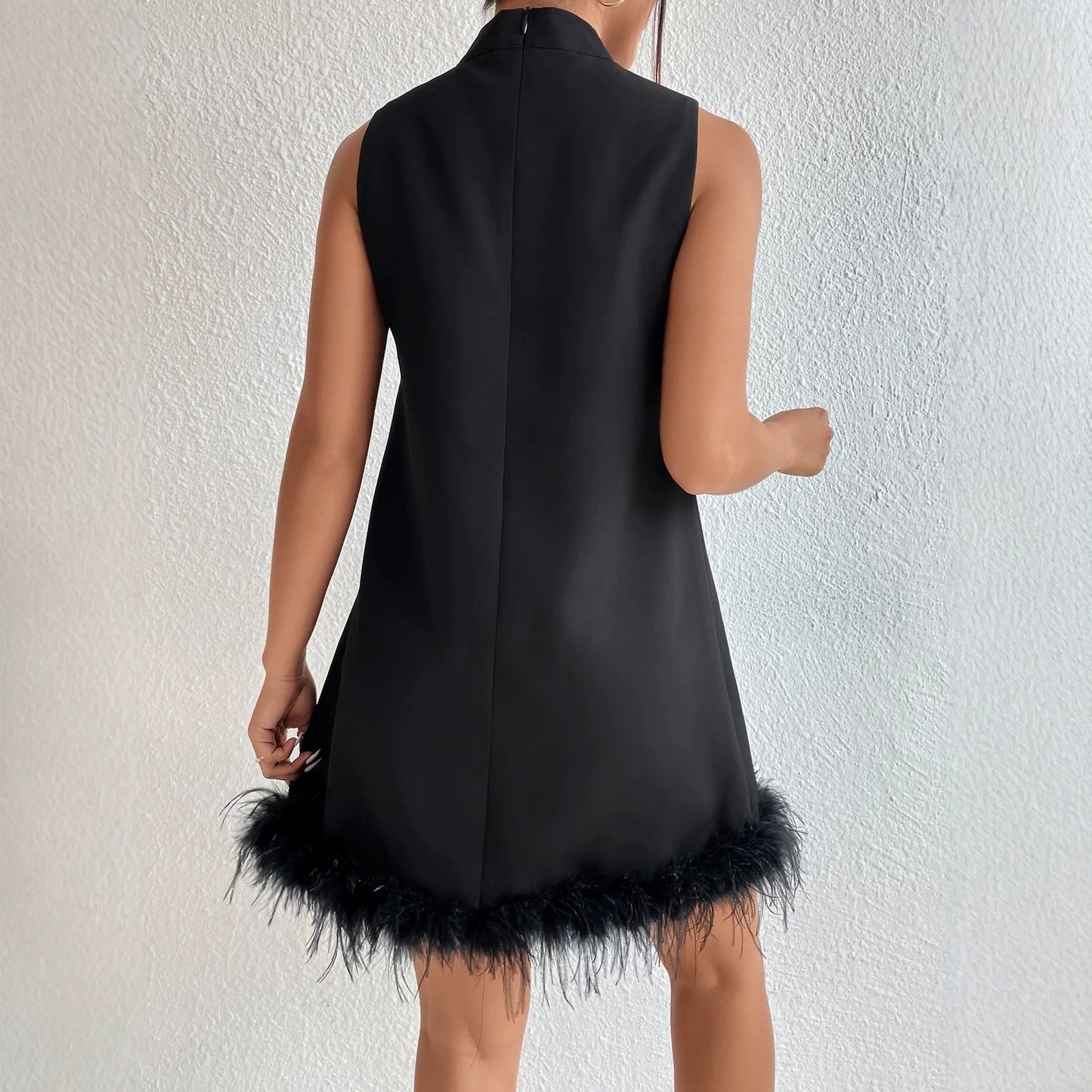Half Turtleneck Sleeveless Frayed Hem Slimming A line Short