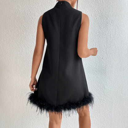 Half Turtleneck Sleeveless Frayed Hem Slimming A line Short