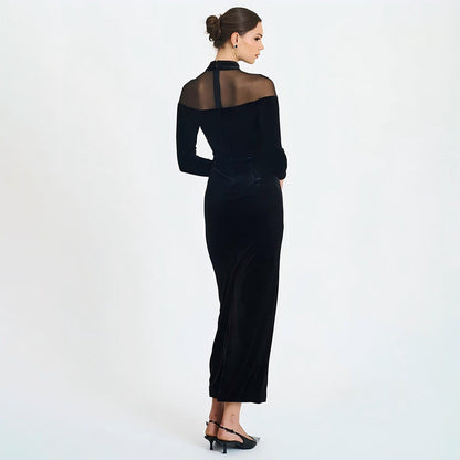 Autumn Winter Wear Voile See through Stitching Dress Sexy Tight Solid Color Dress