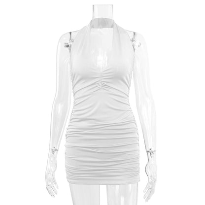 Summer New Women Clothing V-neck Halter Backless off-Shoulder Sexy Minimalist Pleated Dress