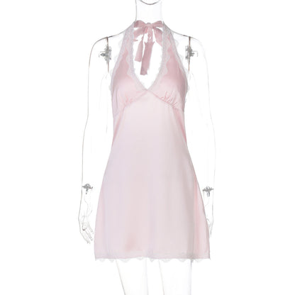 French Fashionable Women Clothing Sexy Hollow Out Cutout out Backless Deep V Plunge Stitching Lace Trim Short Halter Dress