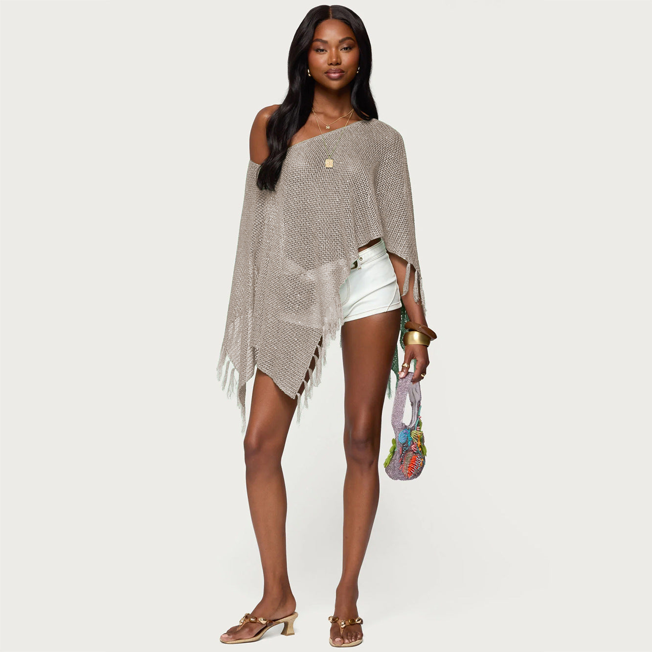 Summer Sexy Hollow Out Cutout out Sexy Diagonal Collar Inverness Irregular Asymmetric Design Knitted Blouse