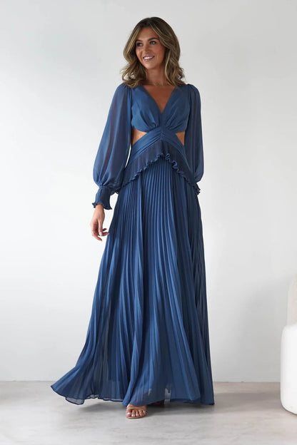 Women Long Sleeve Pleated Waist Tight Backless Dress