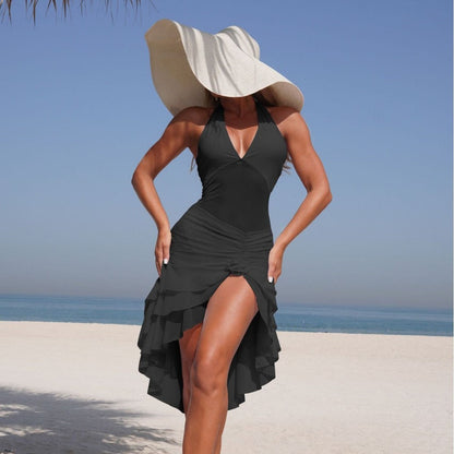 Sexy Solid Color Split Swimsuit Women Dress Mesh Halter Bikini Two Piece Swimsuit