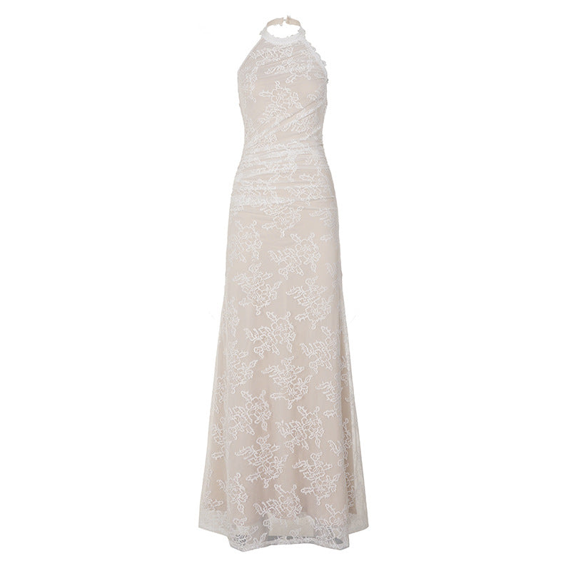 French Elegant Lace Stitching Ruffle Fitted Waist Backless Halter Dress Sexy Slim Vest Maxi Dress for Women
