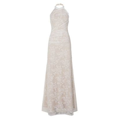 French Elegant Lace Stitching Ruffle Fitted Waist Backless Halter Dress Sexy Slim Vest Maxi Dress for Women