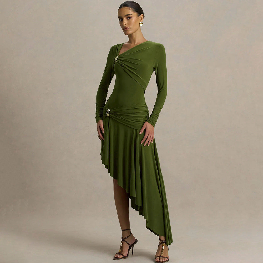 Autumn Winter Graceful Fashionable Women Slim Dress Sexy Pleated Irregular Asymmetric Maxi Dress