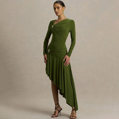 Autumn Winter Graceful Fashionable Women Slim Dress Sexy Pleated Irregular Asymmetric Maxi Dress