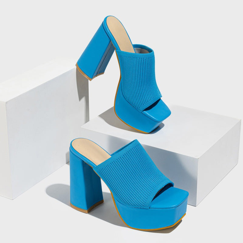 Summer Women Knitted Fashionable Chunky Heel Waterproof Platform Outdoor Street Catwalk Show Peep Toe Slippers