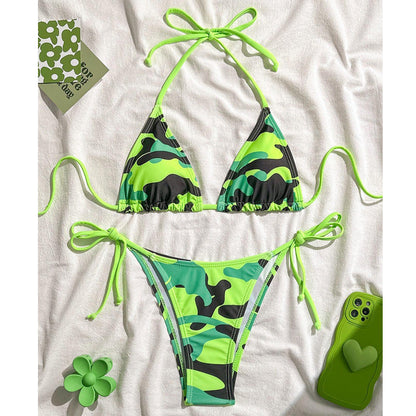 Bikini Camouflage Printed Sexy Halter Lace up Bikini Swimsuit Women Swimwear