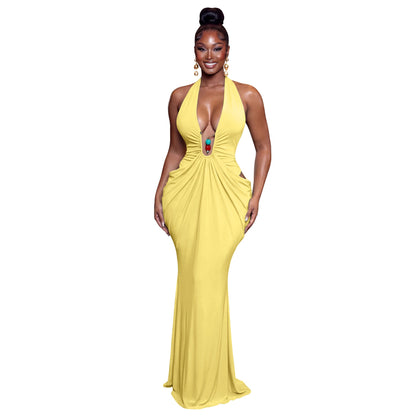 Women Clothing Elegant Halter V neck Sexy Backless Lace up Pleated Maxi Dress