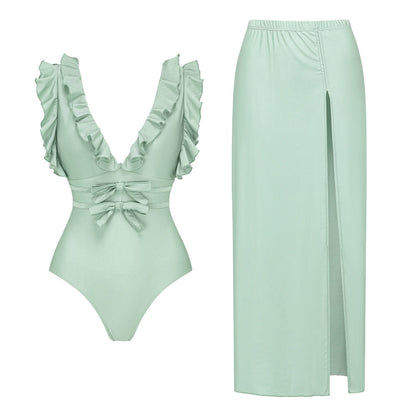 Women Swimsuit Solid Color Bow Decoration One Piece Swimsuit Set