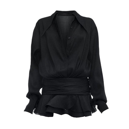 Dress Women Summer Polo Collar Solid Color Mesh Pleated Slim Design Long Sleeve Short Dress