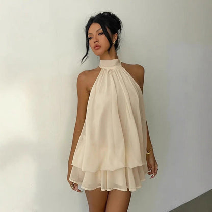 Vacation Figure Flattering Fashionable Sexy Backless Halter Lace Up Waist Trimming Solid Color Dress