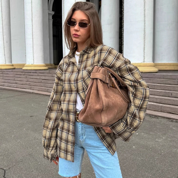 Retro Plaid Shirt Women Loose Long Sleeve Top Fall Winter Women