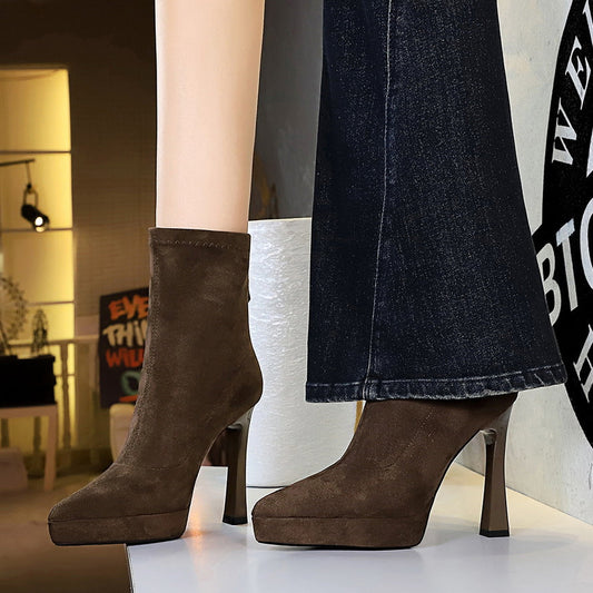 Chunky Heel High Heel Waterproof Platform Boots Women Pointed Toe Suede Stretch Single Boots Skinny Boots Nice Looking Short Boots