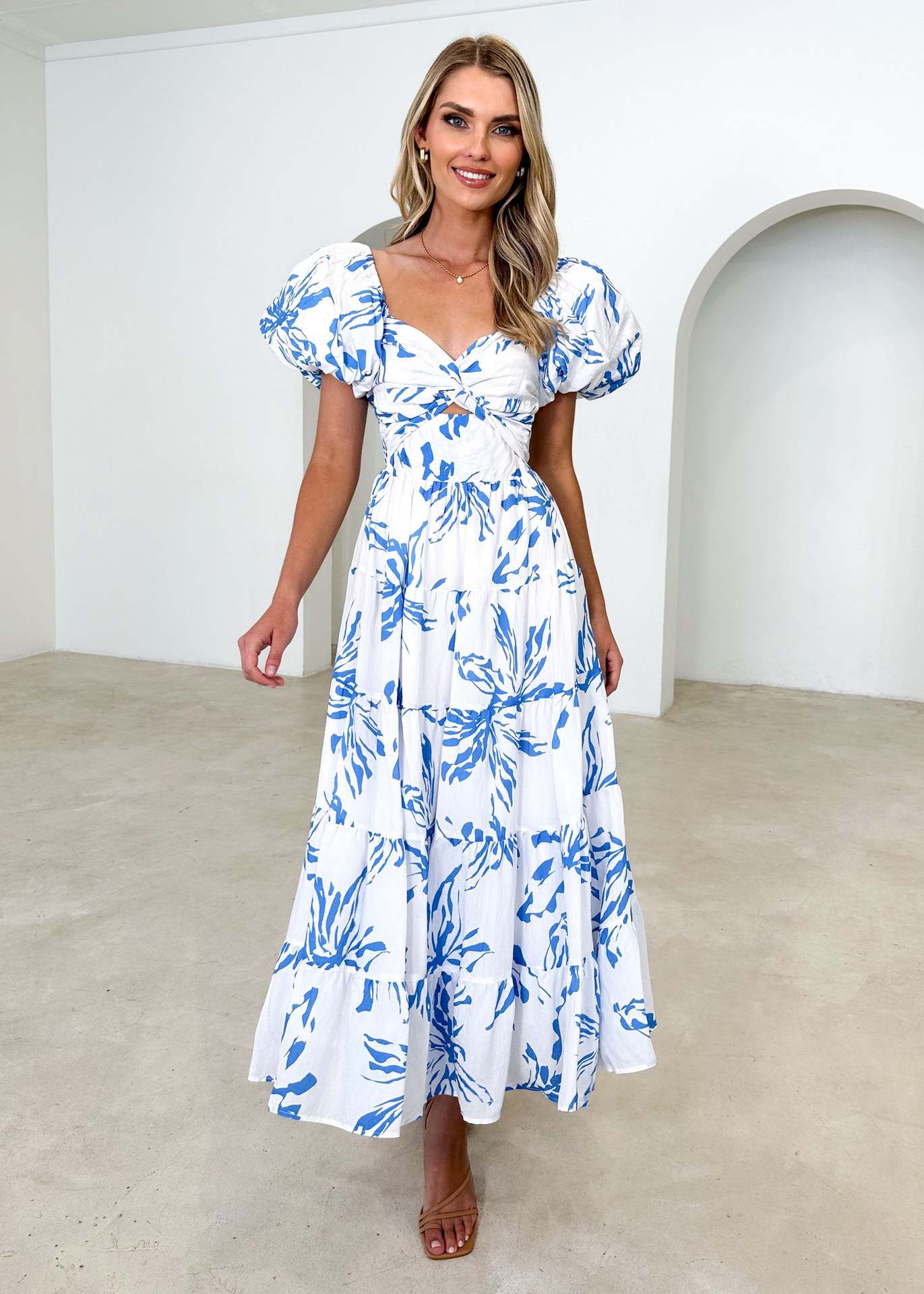 Spring Women Fashionable Elegant Puff Sleeve V neck Hollow Out Cutout out Printed Dress for Women
