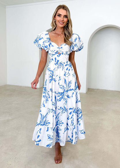Spring Women Fashionable Elegant Puff Sleeve V neck Hollow Out Cutout out Printed Dress for Women