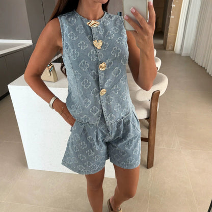 Summer Loose Sleeveless Denim Shorts Set Casual High Waist Two Piece Set