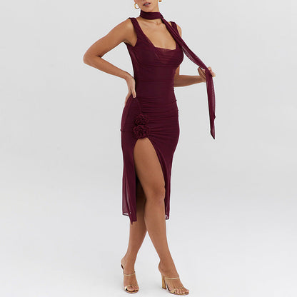 Sexy Trend Mesh Stitching Swing Collar Sleeveless Split Backless Hip Dress