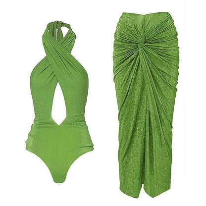 Solid Color Advanced Halter Shiny Surface One Piece Swimsuit Women
