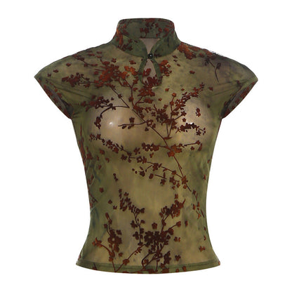 Spring Women Clothing Printed Slim Mandarin Collar Personality See through Sleeveless Waist-Controlled Top