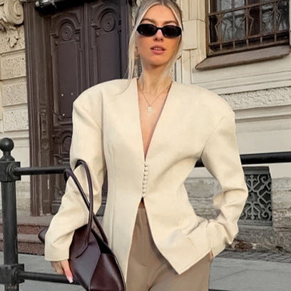 Autumn Niche Tight Waist V neck Long Sleeve Blazer Women Beige Casual