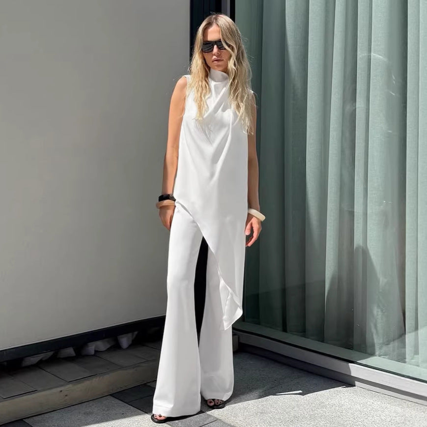 Summer Women Clothing White Tie Neck Irregular Asymmetric Sleeveless Top Wide Leg Pants Two Piece Sets