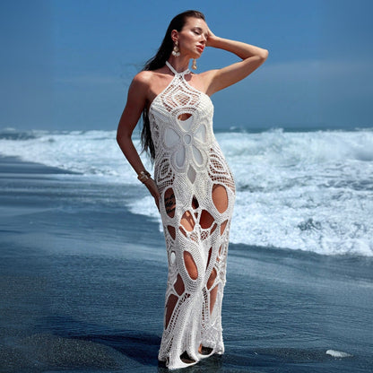 Solid Color Sexy Cutout Halter Beach Cover up Bikini Swimsuit Beach Dress Women