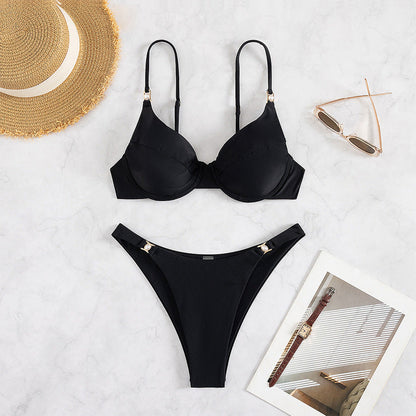 Bikini Sexy Split Swimsuit Black Steel Bracket Push up Pearl Biniki Swimsuit