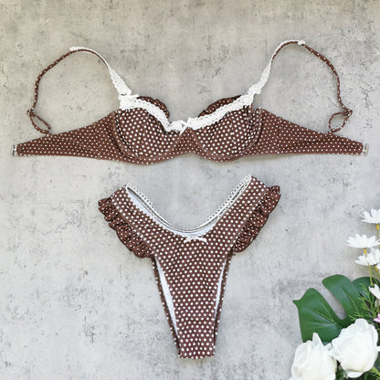 Women Flounced Sexy High Start Triangle Bikini Retro Dot Split Swimsuit