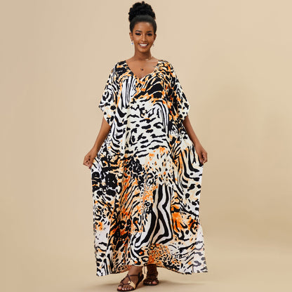 Loose Long Beach Cover Up Rayon Positioning Print Holiday Robe Dress Women