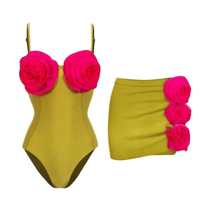 French One Piece Solid Color Women Swimsuit Solid Color Sexy Floral Short Skirt Swimsuit Women Bikini