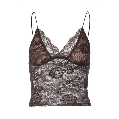 Women Clothing Sexy See through Lace Lace Spaghetti Strap Bandeau Slim Fit Deep V Plunge Vest